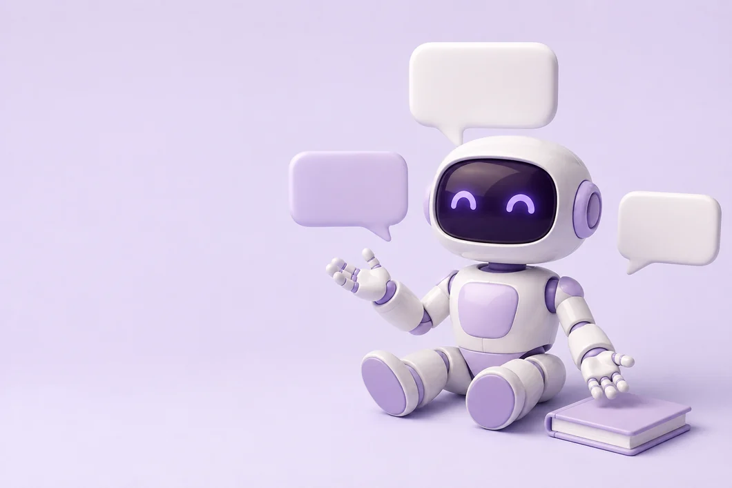A friendly lavender and white robot with chat bubbles and a learning guide