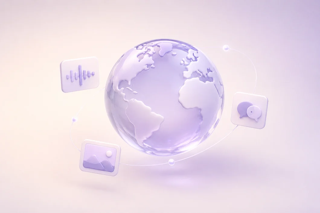 A lavender globe surrounded by voice, image and conversation cards