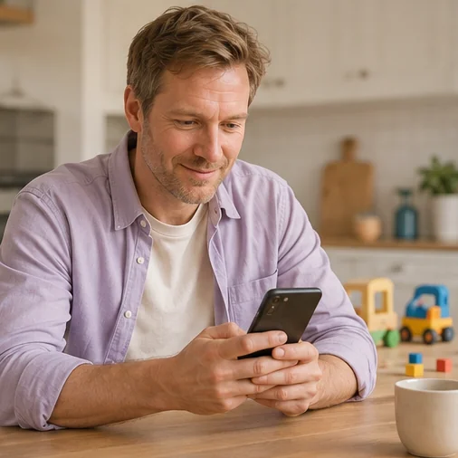 A father checking his phone at home