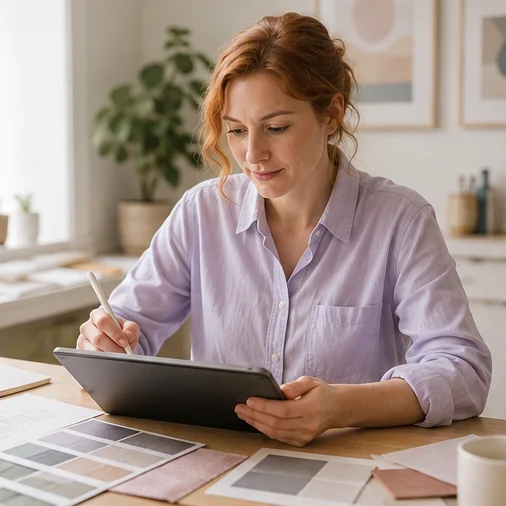 A freelancer using a tablet in a bright studio