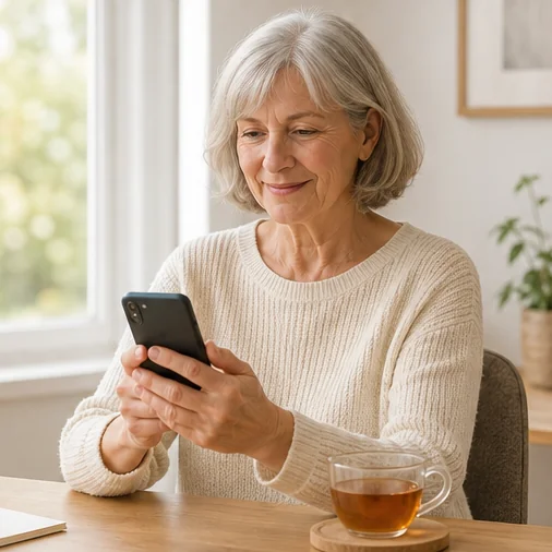 An older adult using a phone by a window